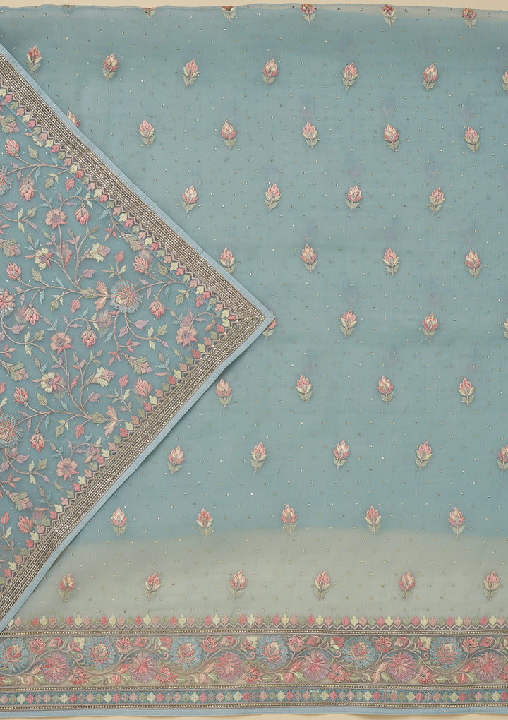 Sky Blue Threadwork Chiffon Unstitched Salwar Suit
