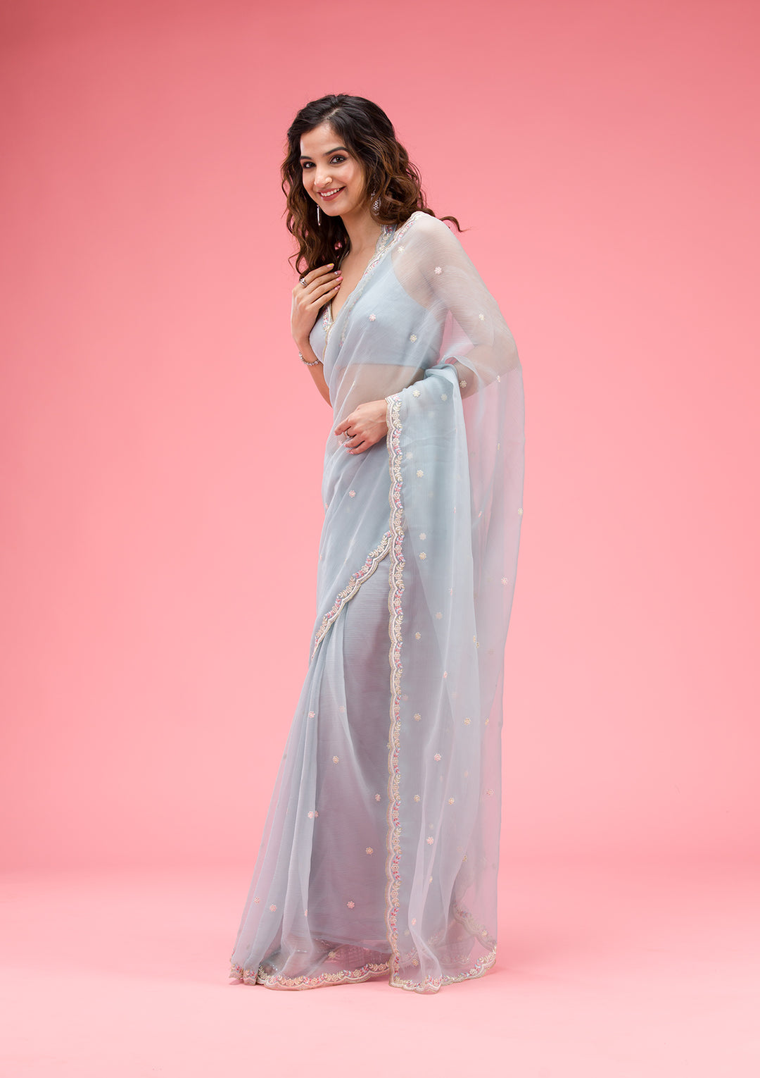 Sky Blue Silver Stonework Tissue Saree