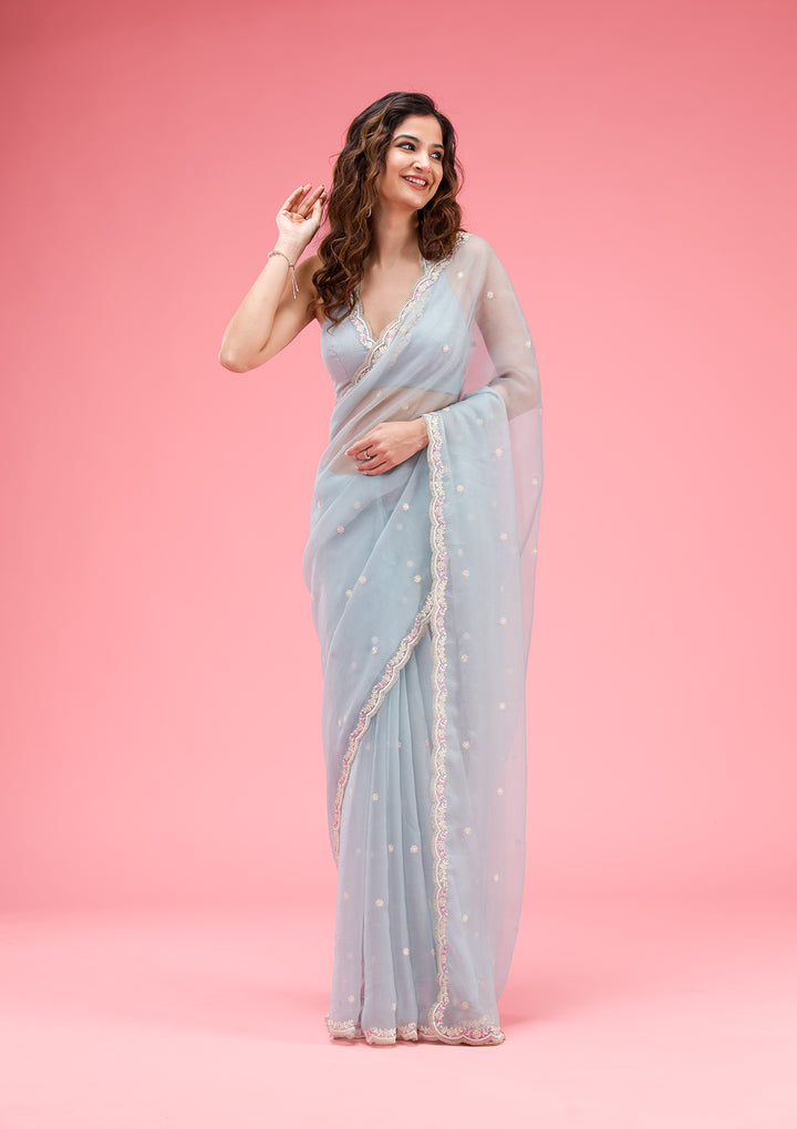 Sky Blue Silver Stonework Tissue Saree