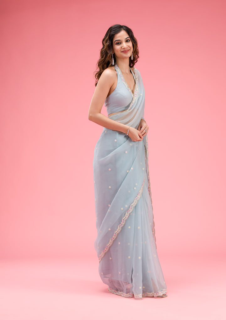 Sky Blue Silver Stonework Tissue Saree
