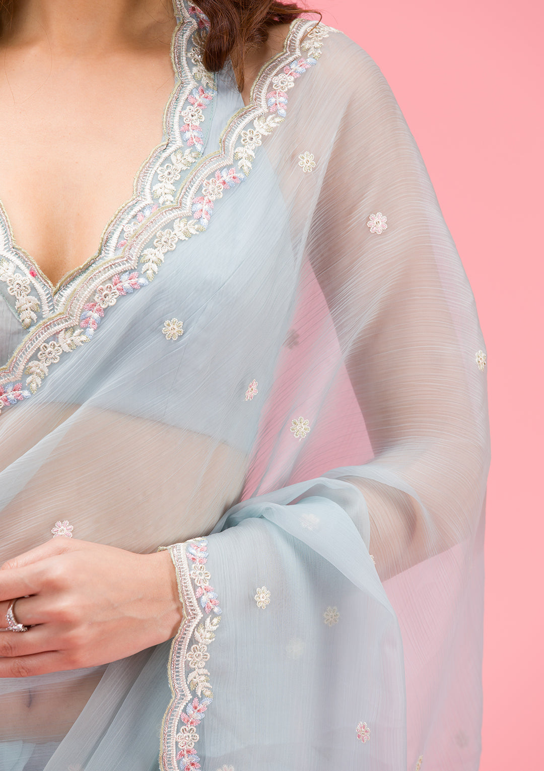 Sky Blue Silver Stonework Tissue Saree