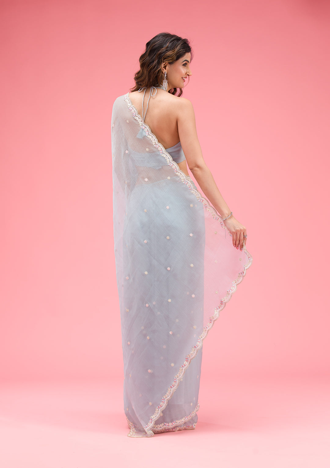 Sky Blue Silver Stonework Tissue Saree