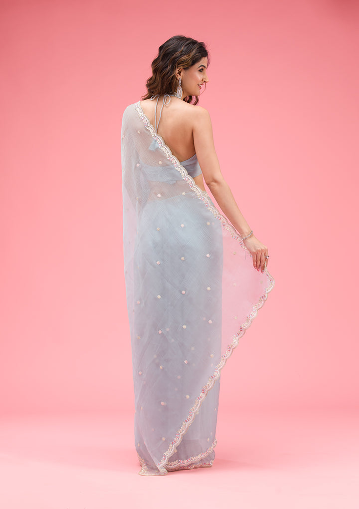 Sky Blue Silver Stonework Tissue Saree