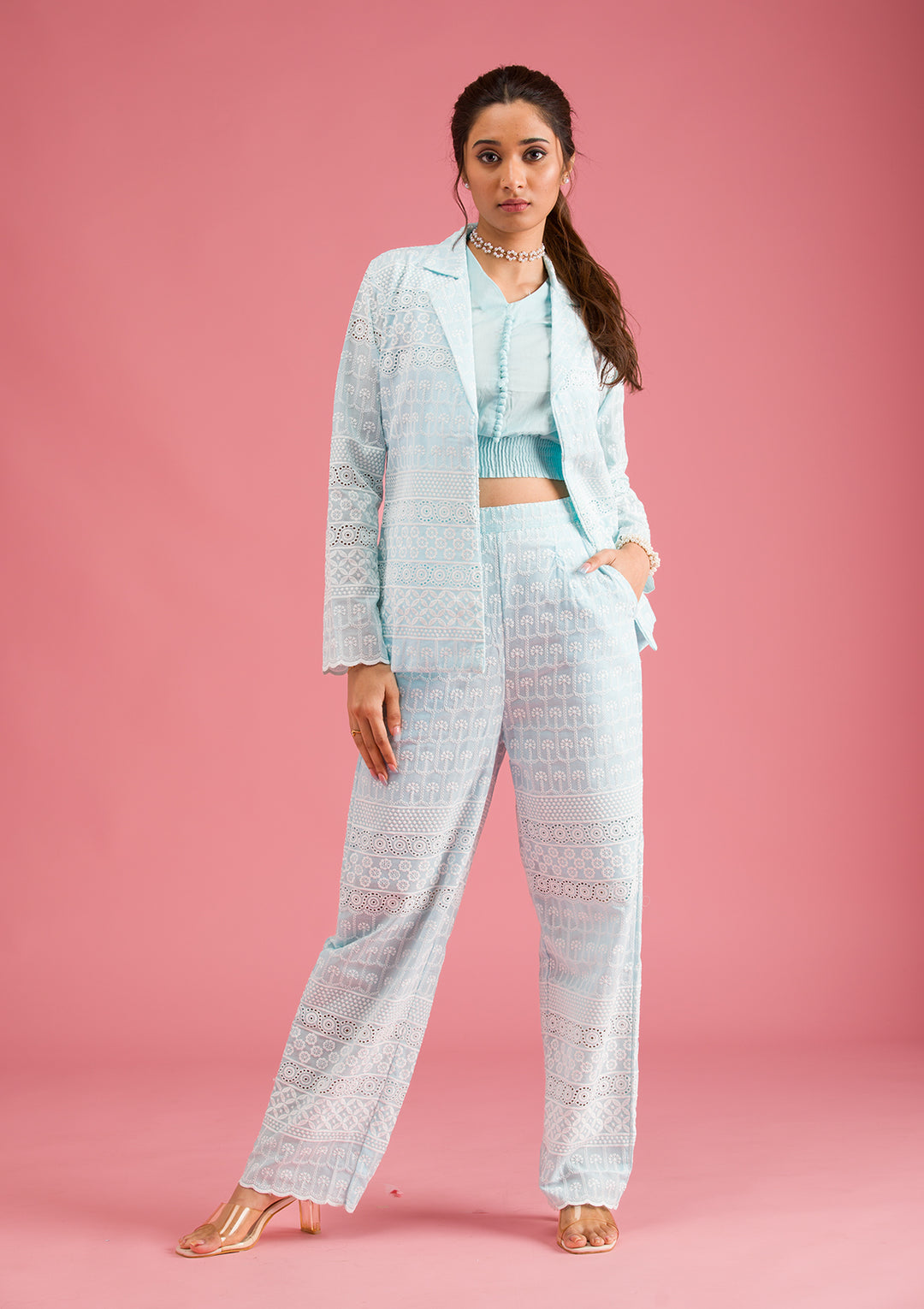 Sky Blue Threadwork Cotton Readymade Salwar Suit