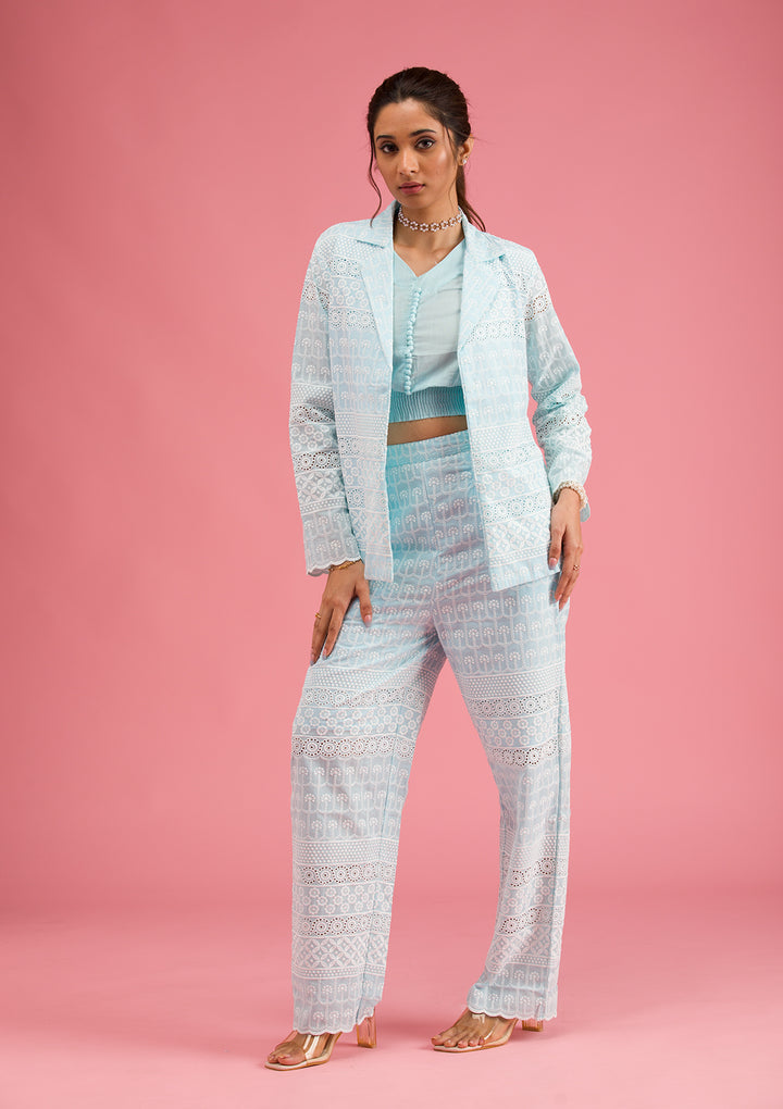 Sky Blue Threadwork Cotton Readymade Salwar Suit
