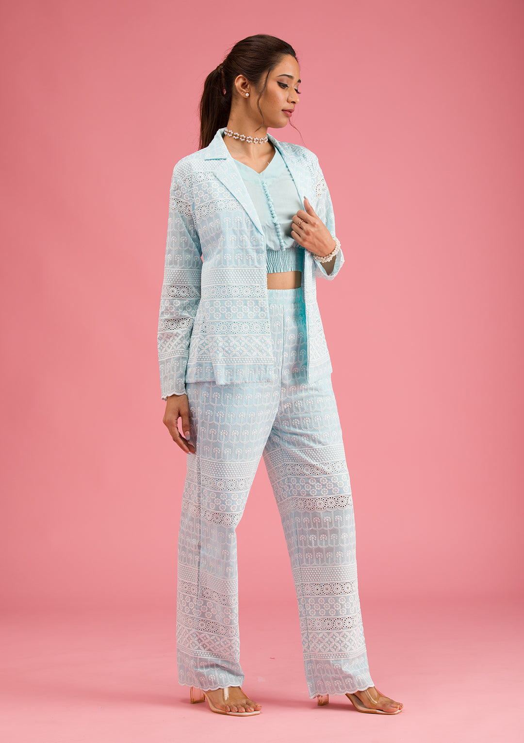 Sky Blue Threadwork Cotton Readymade Salwar Suit