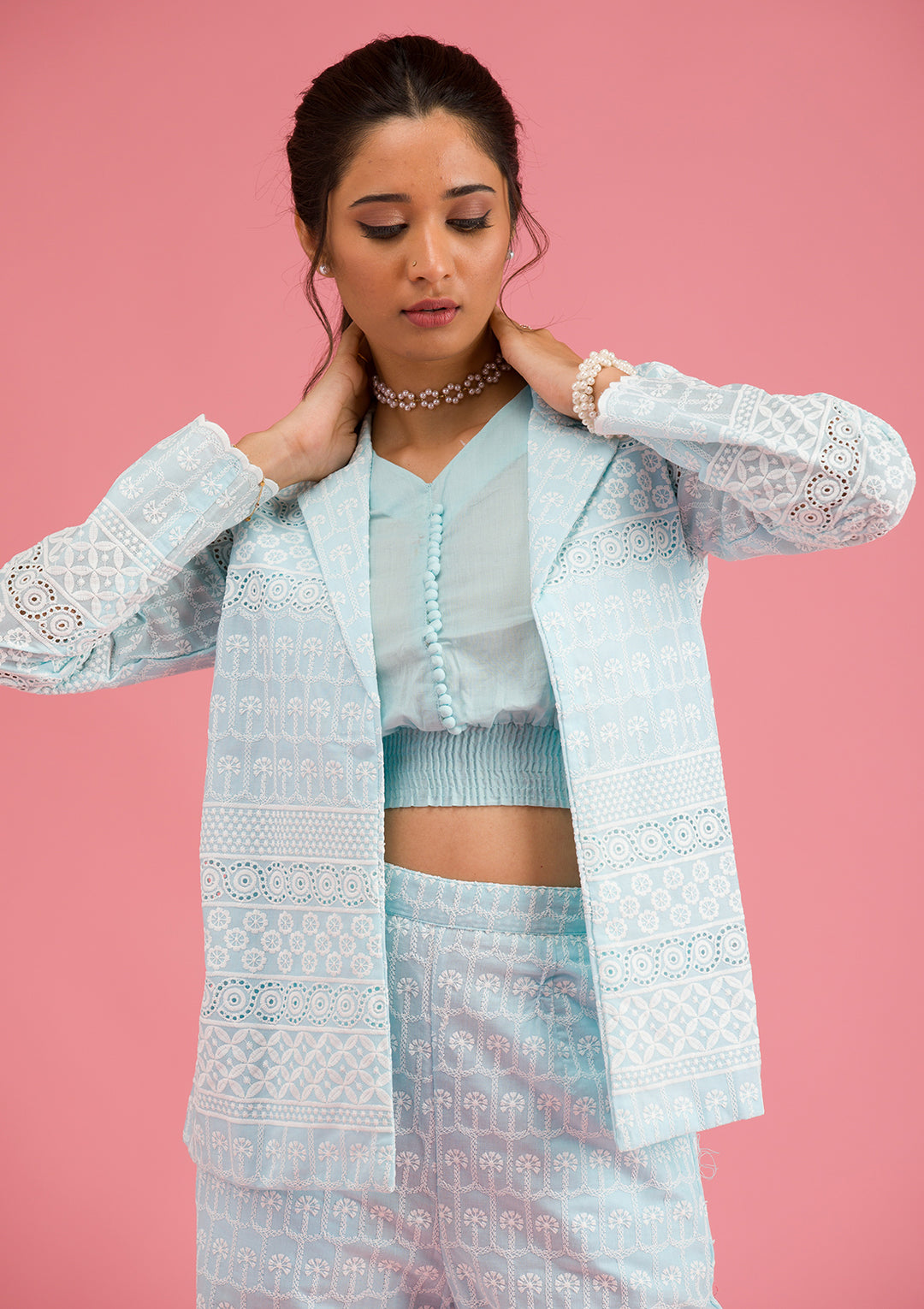Sky Blue Threadwork Cotton Readymade Salwar Suit
