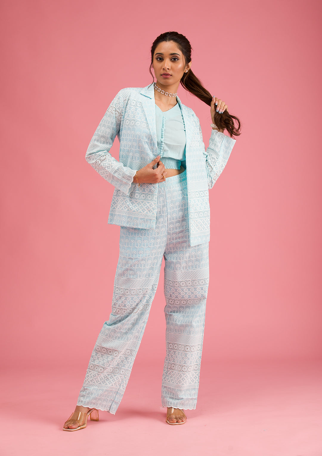 Sky Blue Threadwork Cotton Readymade Salwar Suit