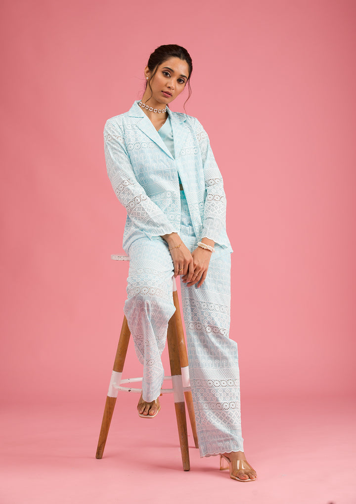 Sky Blue Threadwork Cotton Readymade Salwar Suit