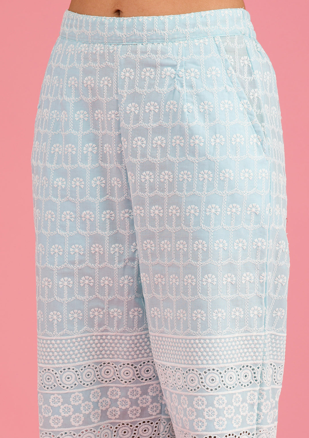 Sky Blue Threadwork Cotton Readymade Salwar Suit
