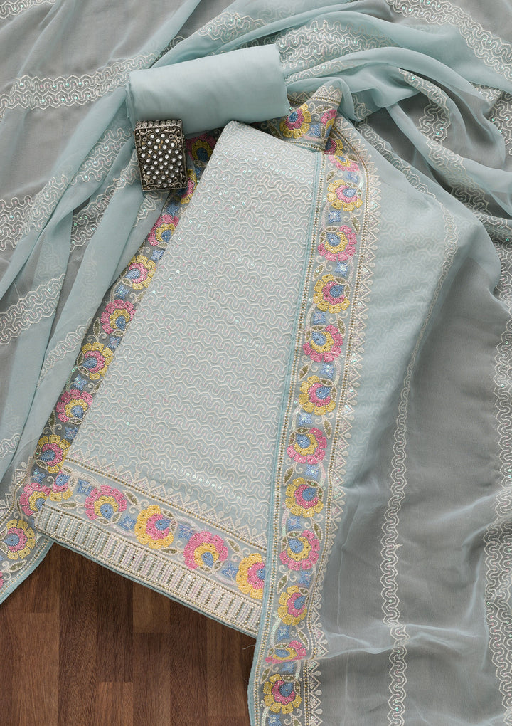 Sky Blue Threadwork Georgette Unstitched Salwar Suit