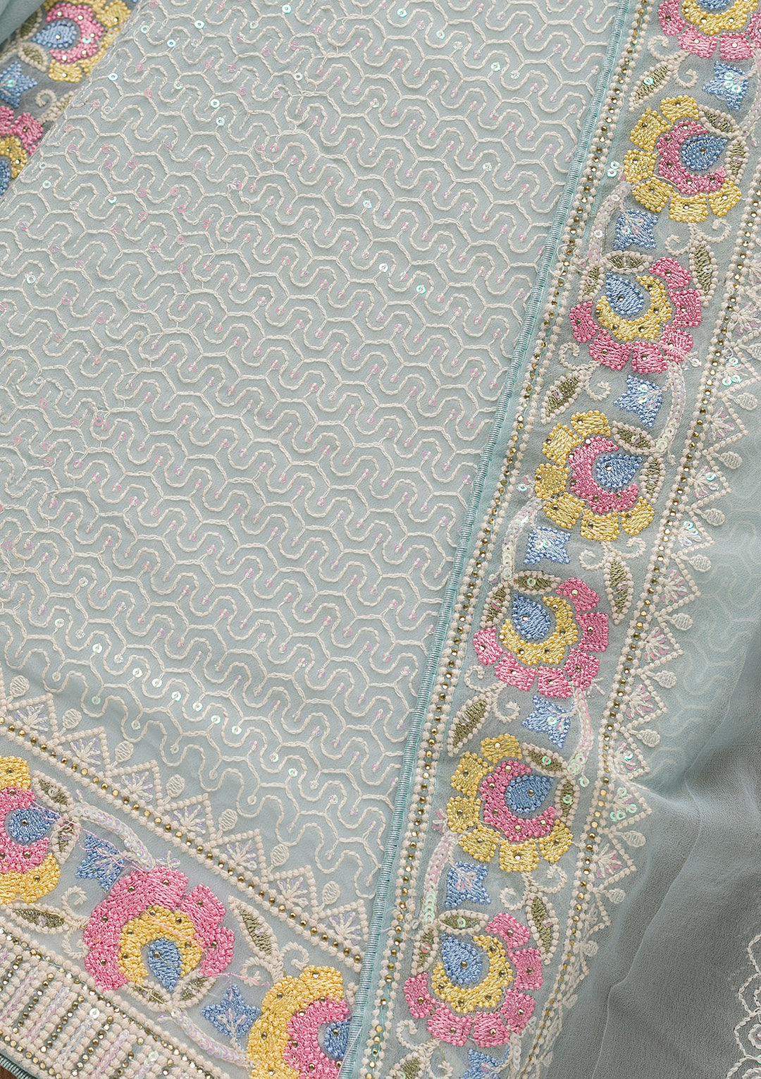 Sky Blue Threadwork Georgette Unstitched Salwar Suit