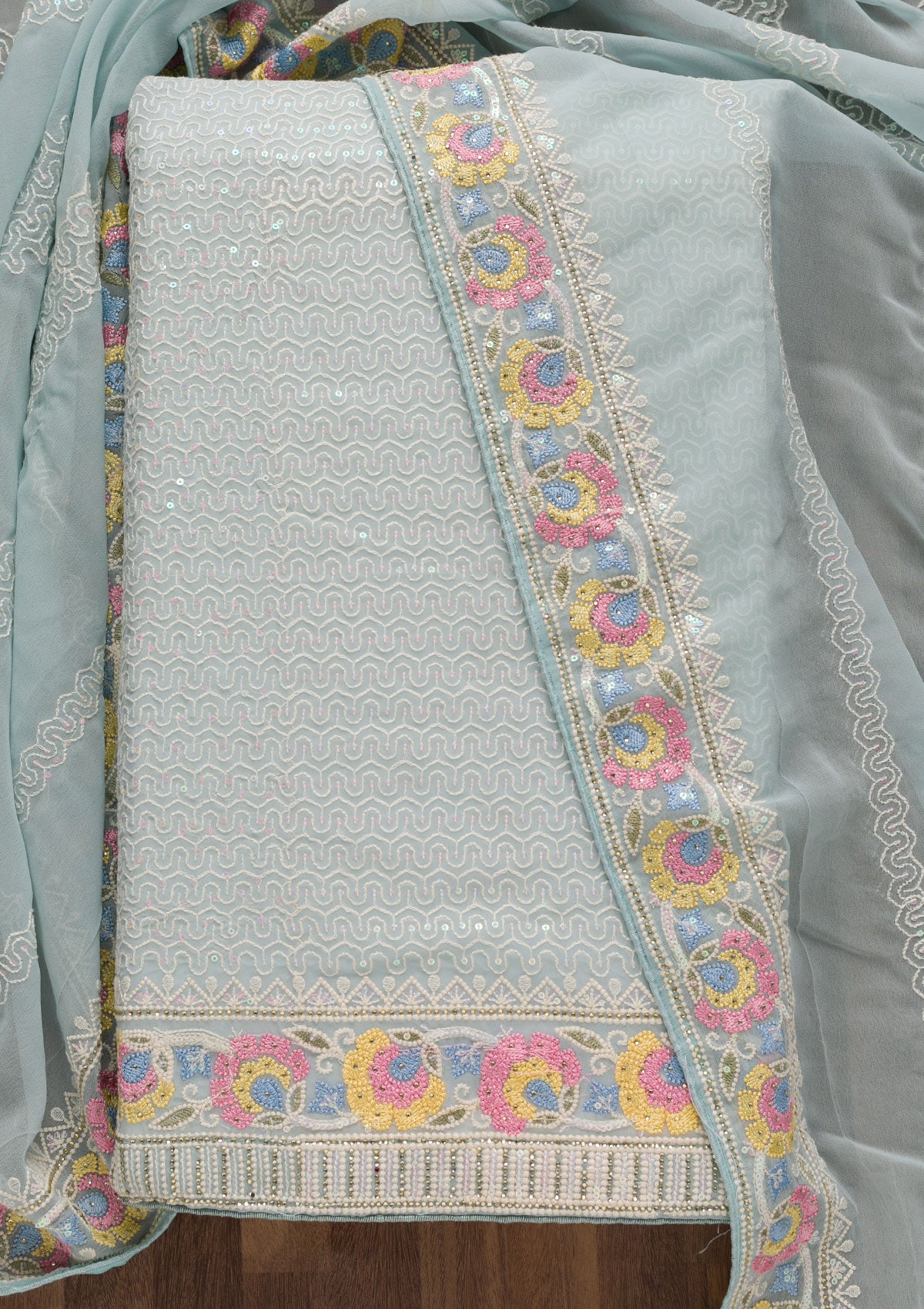 Sky Blue Threadwork Georgette Unstitched Salwar Suit