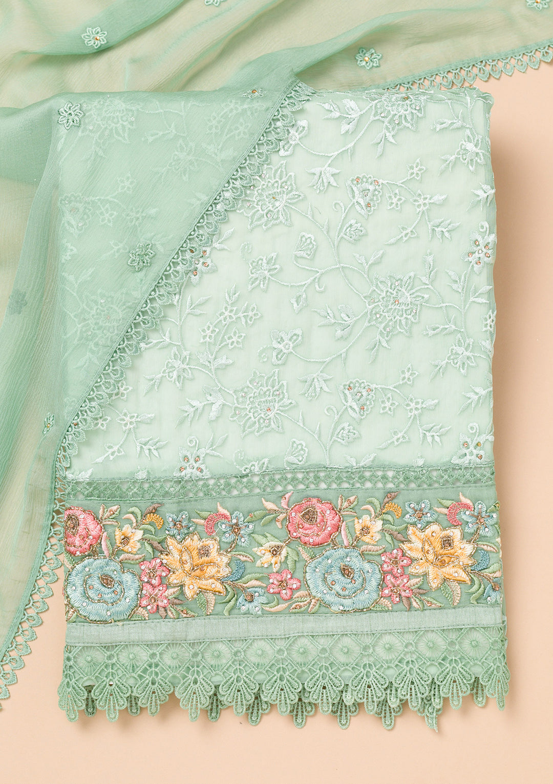 Sky Blue Threadwork Georgette Unstitched Salwar Suit