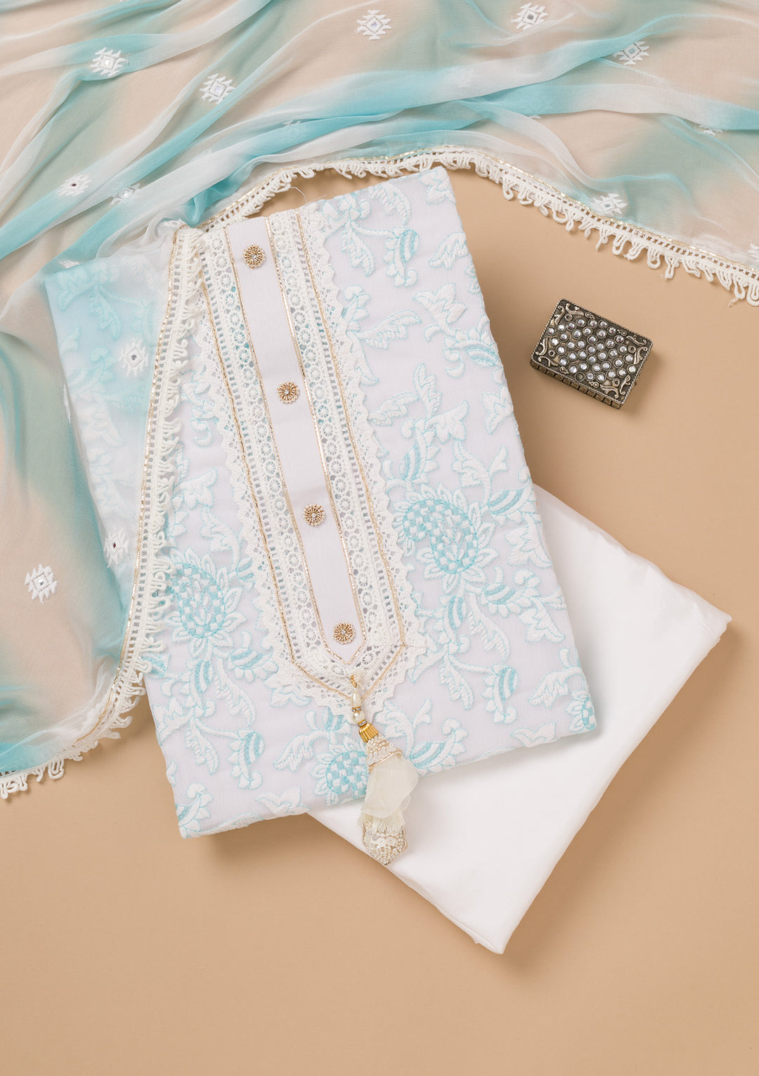 Sky Blue Threadwork Georgette Unstitched Salwar Suit