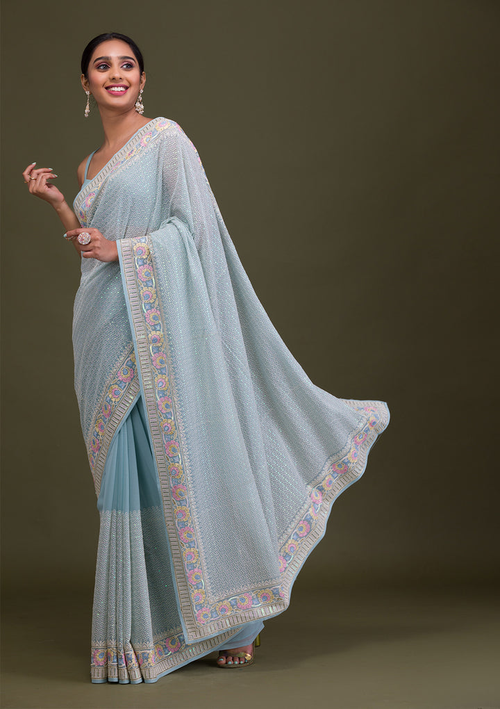 Sky Blue Threadwork Georgette Saree-Koskii