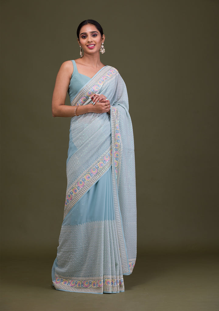 Sky Blue Threadwork Georgette Saree