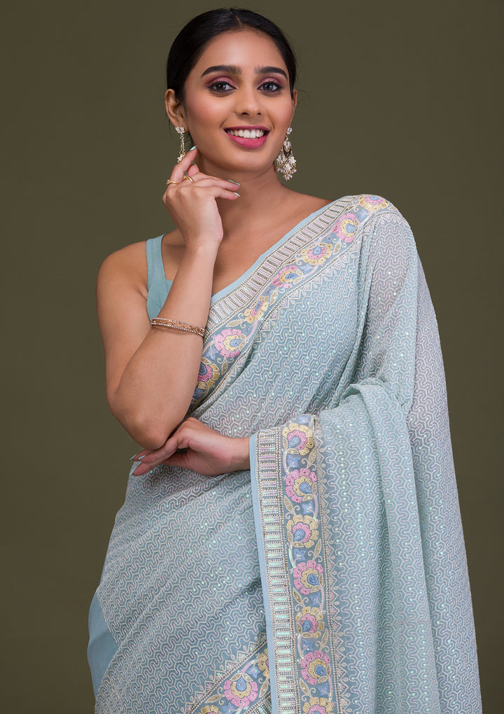 Sky Blue Threadwork Georgette Saree