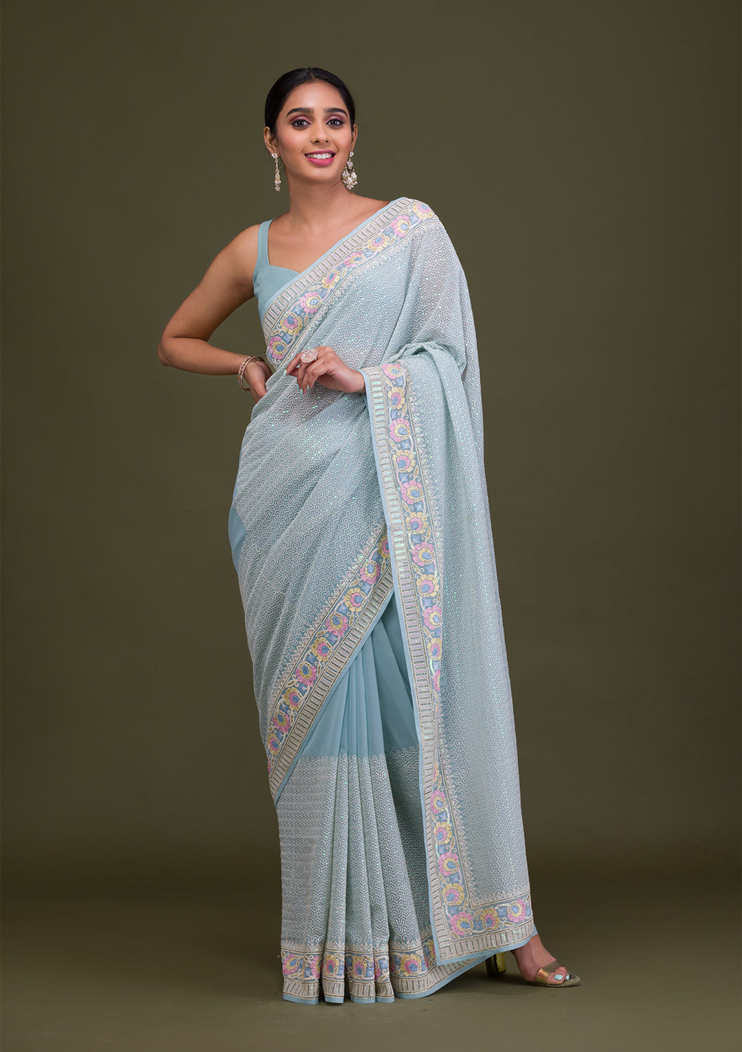Sky Blue Threadwork Georgette Saree
