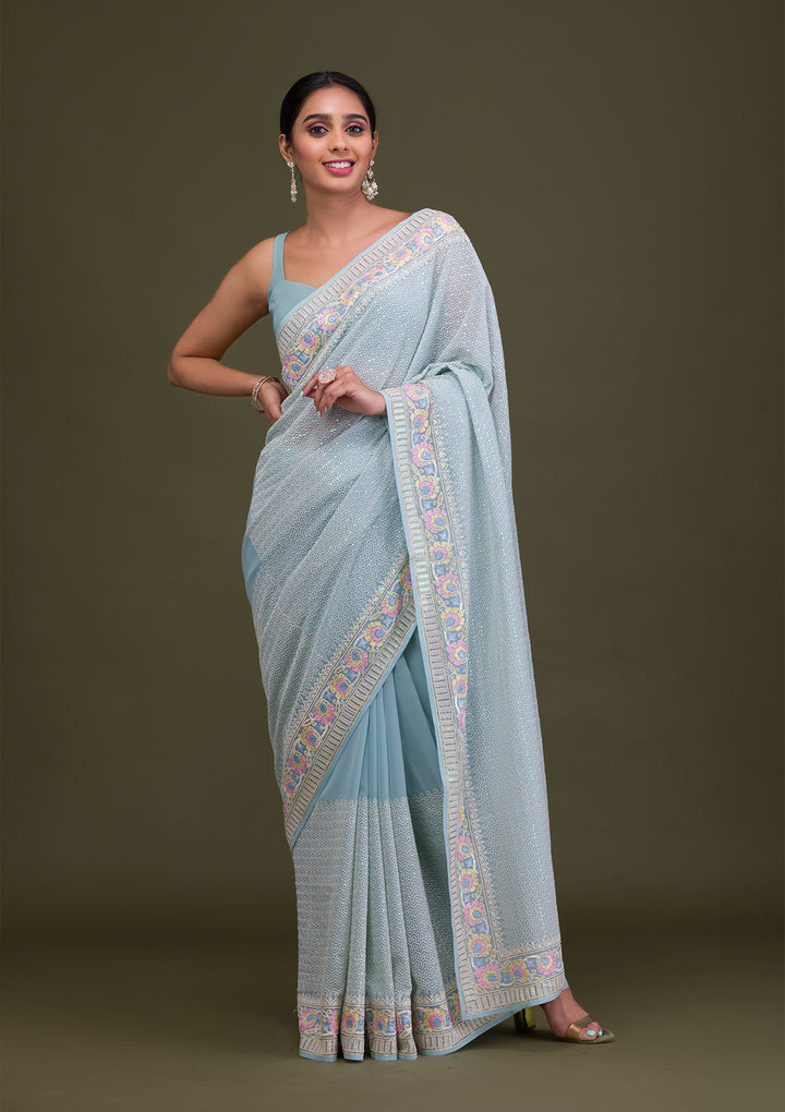 Sky Blue Threadwork Georgette Saree
