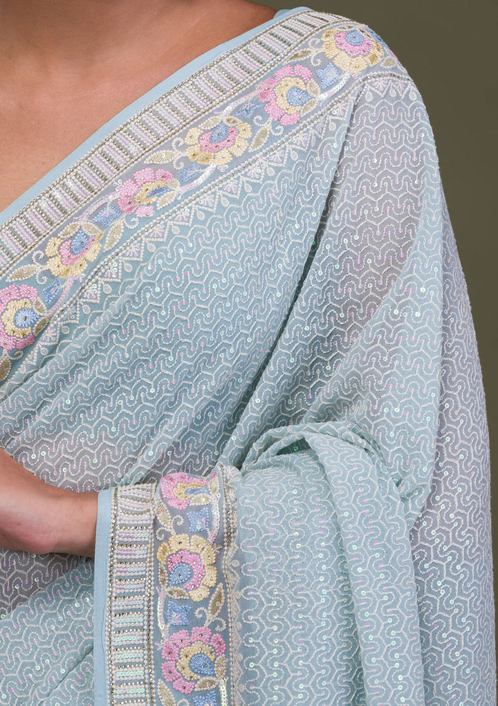 Sky Blue Threadwork Georgette Saree