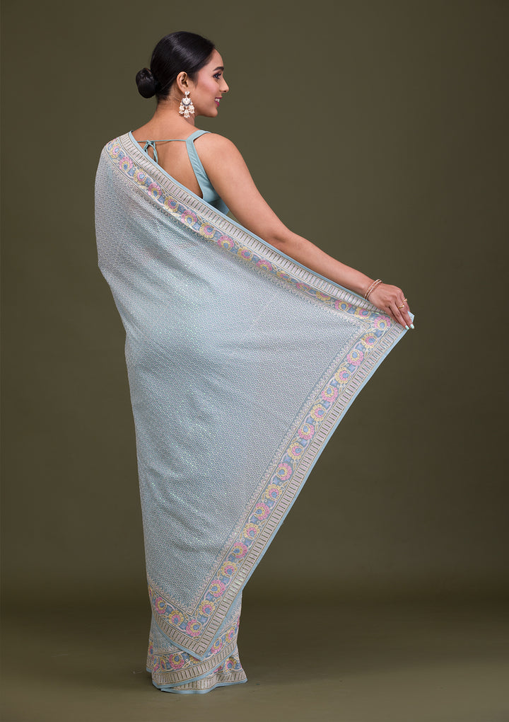 Sky Blue Threadwork Georgette Saree