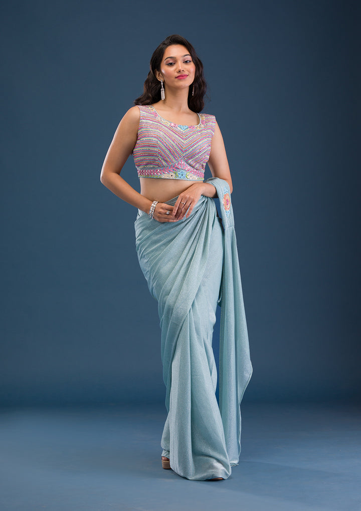 Sky Blue Threadwork Lycra Readymade Saree
