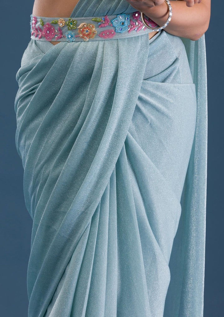 Sky Blue Threadwork Lycra Readymade Saree