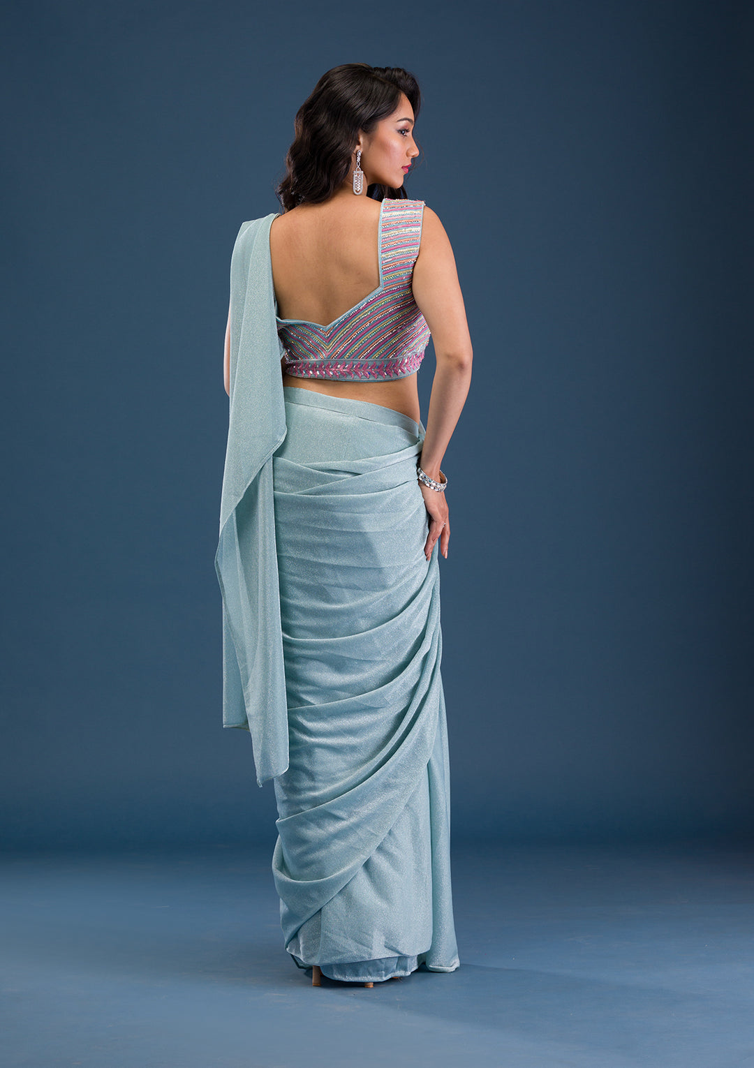 Sky Blue Threadwork Lycra Readymade Saree