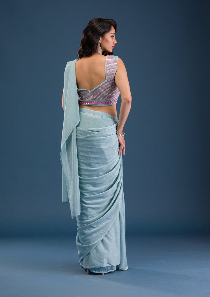 Sky Blue Threadwork Lycra Readymade Saree