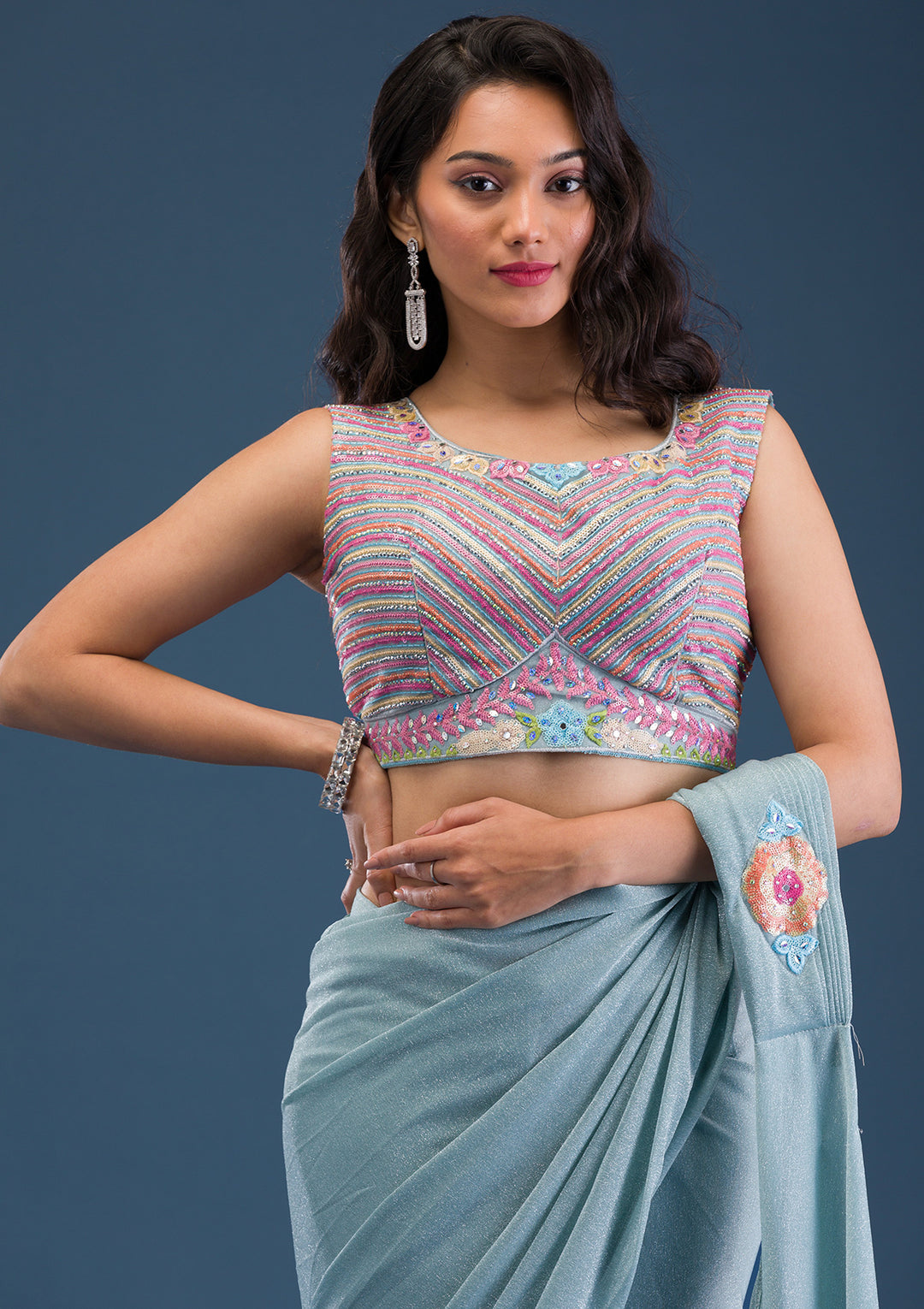 Sky Blue Threadwork Lycra Readymade Saree
