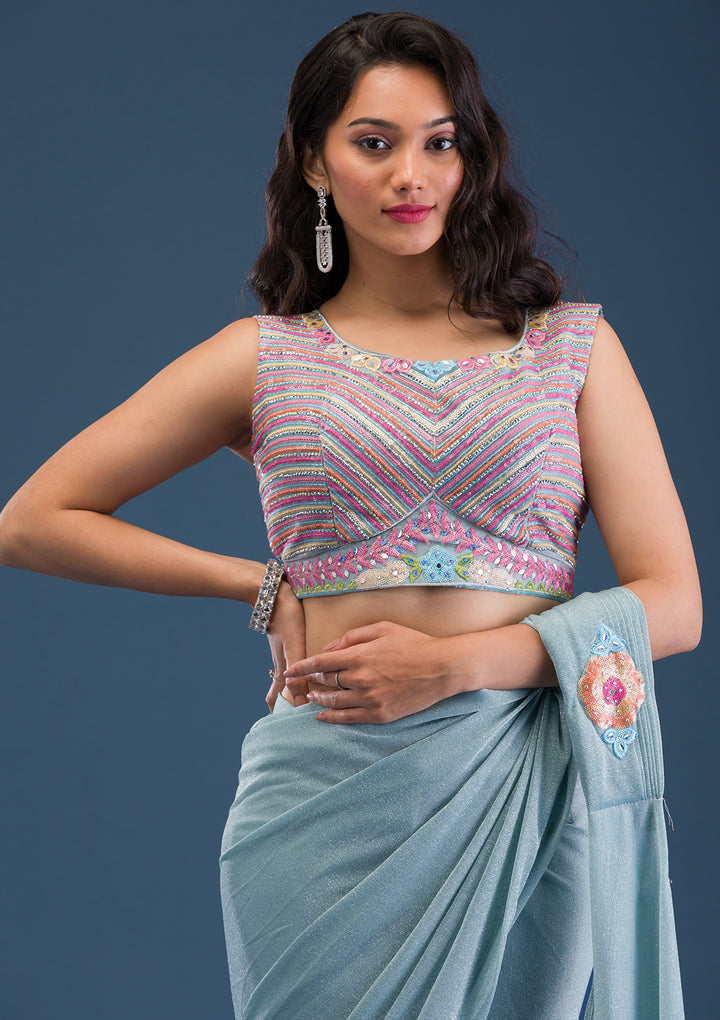 Sky Blue Threadwork Lycra Readymade Saree