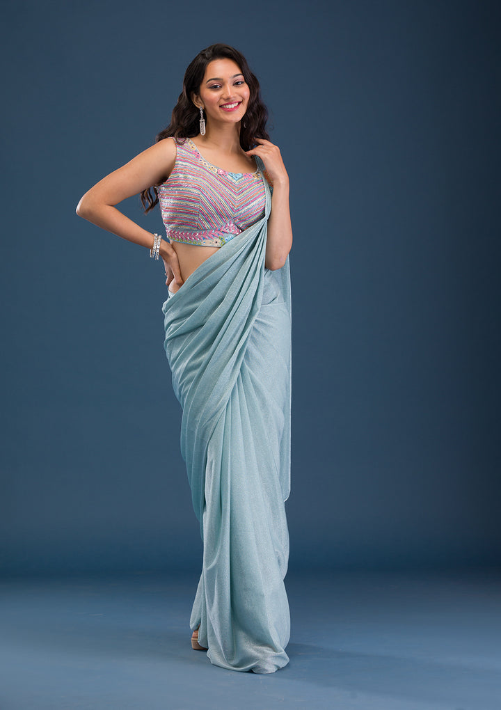Sky Blue Threadwork Lycra Readymade Saree