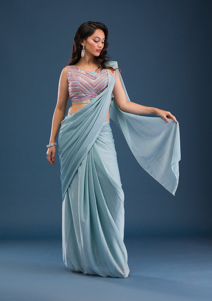 Sky Blue Threadwork Lycra Readymade Saree