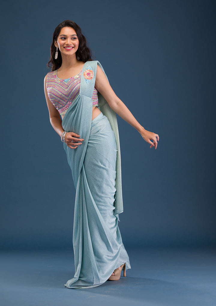 Sky Blue Threadwork Lycra Readymade Saree