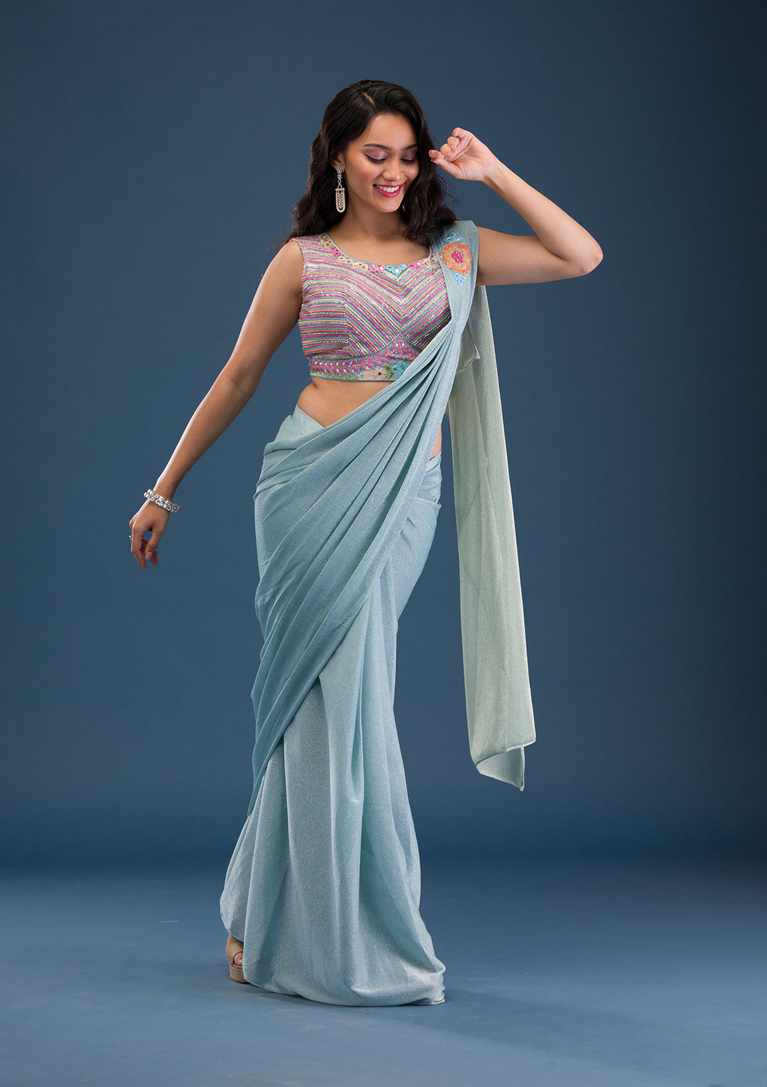 Sky Blue Threadwork Lycra Readymade Saree