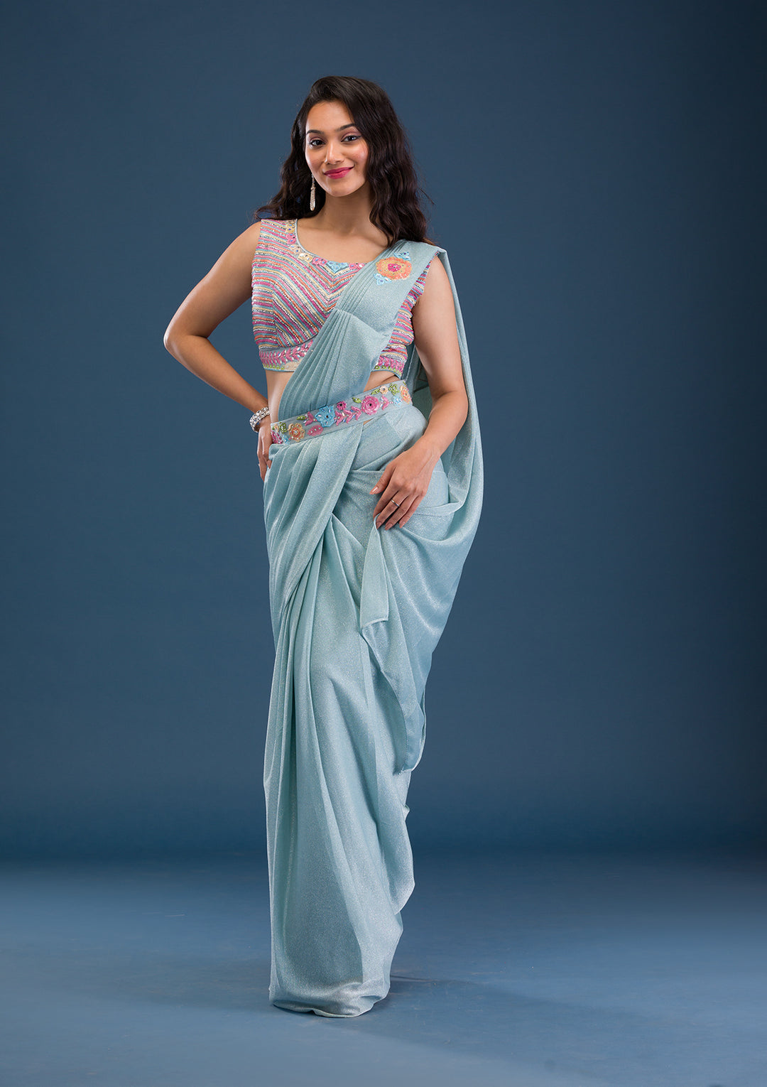 Sky Blue Threadwork Lycra Readymade Saree