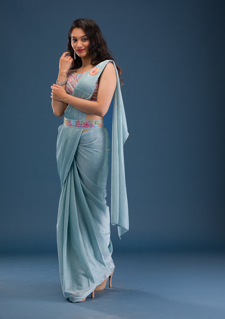 Sky Blue Threadwork Lycra Readymade Saree