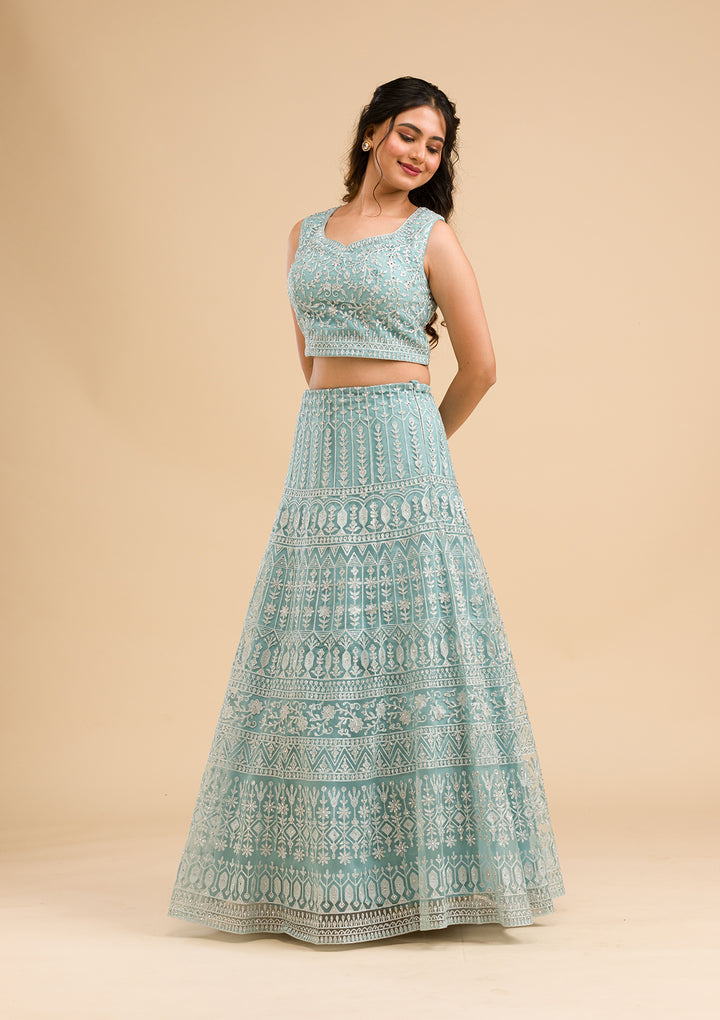 Sky Blue Threadwork Net Readymade Lehenga