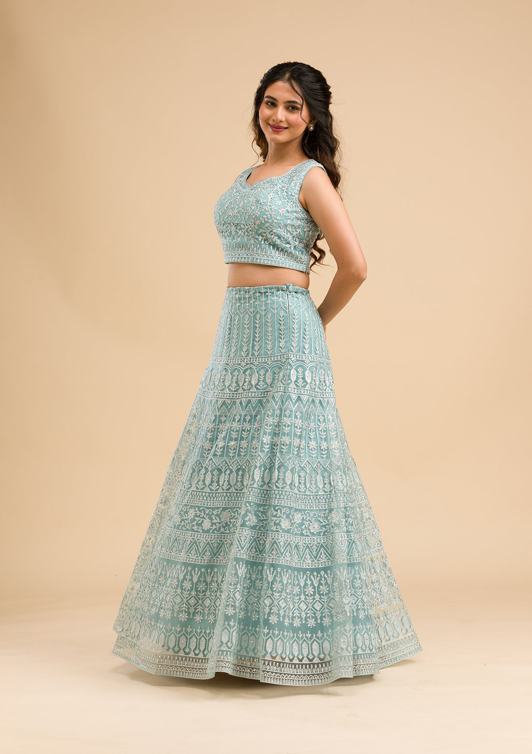 Sky Blue Threadwork Net Readymade Lehenga