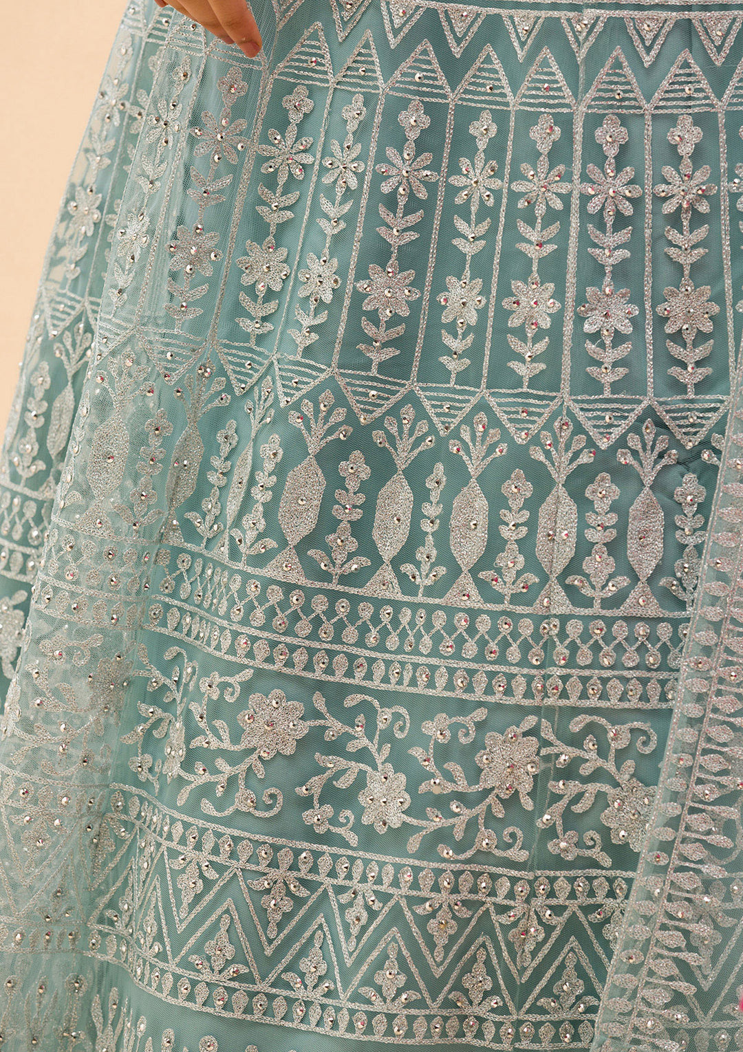 Sky Blue Threadwork Net Readymade Lehenga