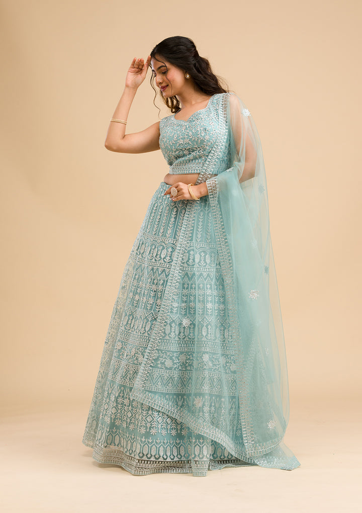 Sky Blue Threadwork Net Readymade Lehenga