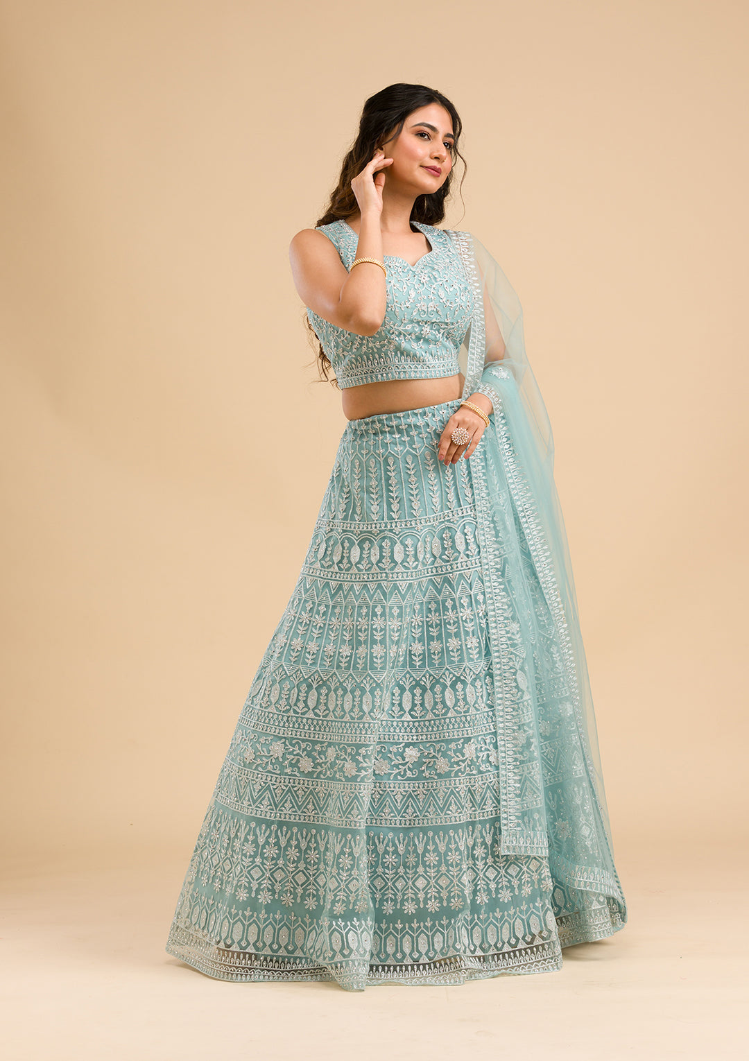 Sky Blue Threadwork Net Readymade Lehenga