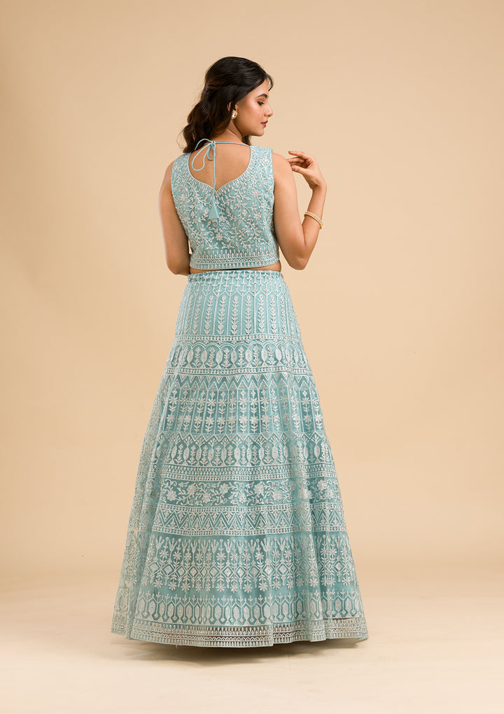 Sky Blue Threadwork Net Readymade Lehenga