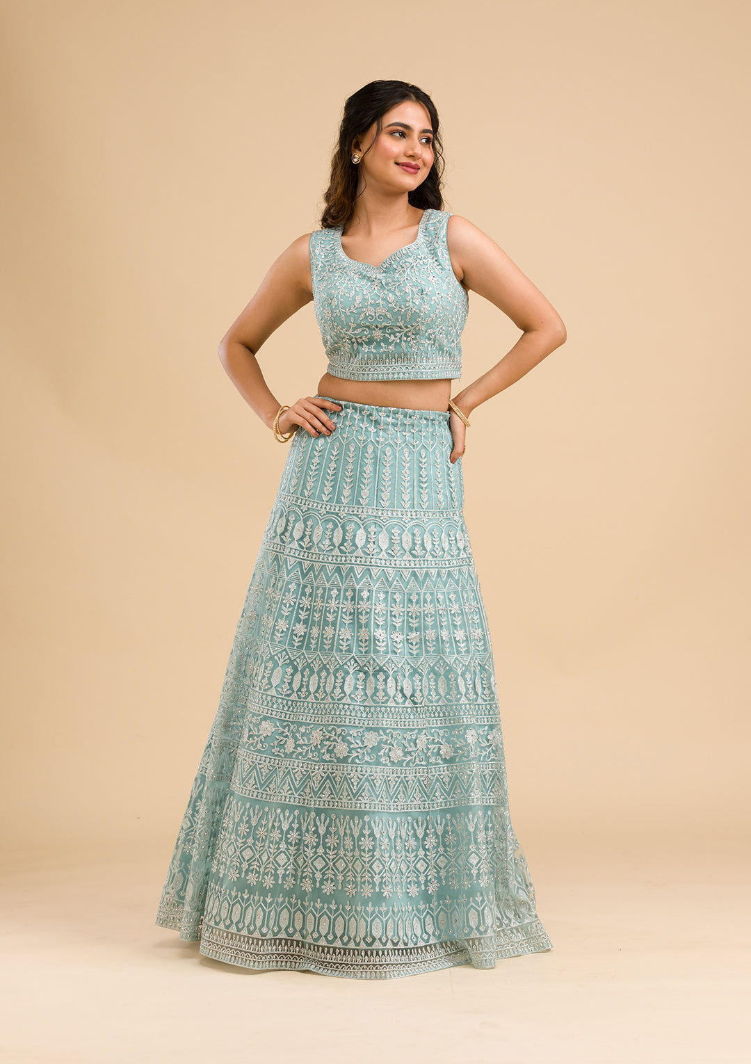 Sky Blue Threadwork Net Readymade Lehenga