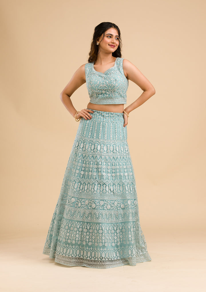Sky Blue Threadwork Net Readymade Lehenga