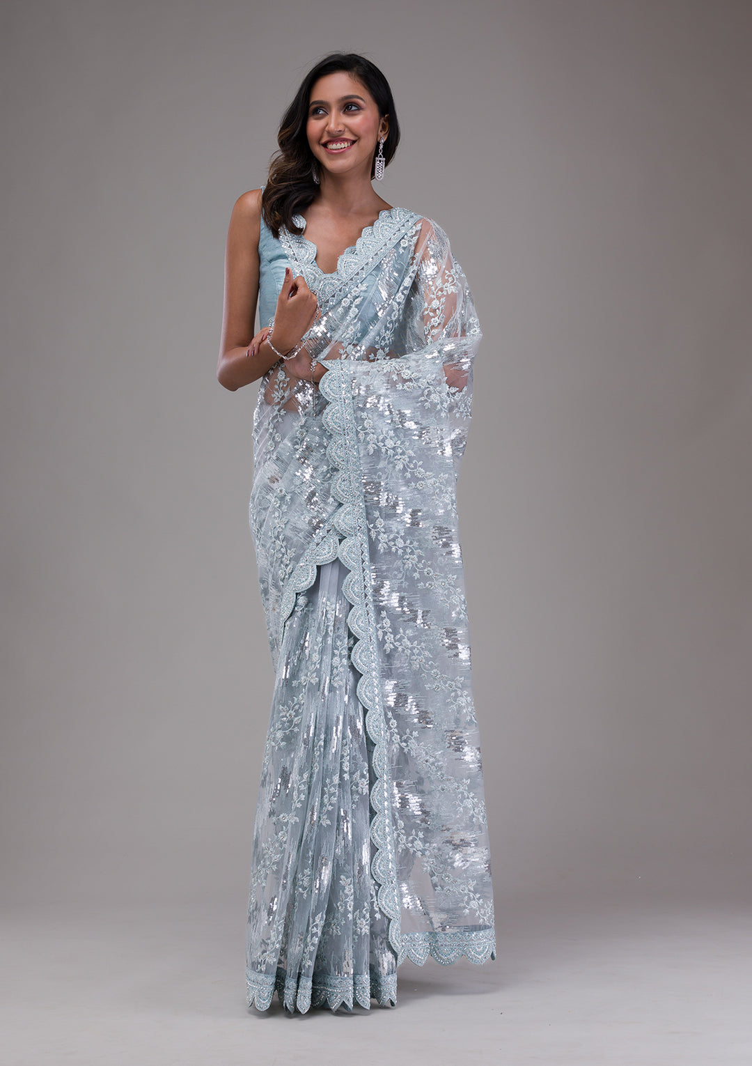Sky Blue Sequins Net Saree