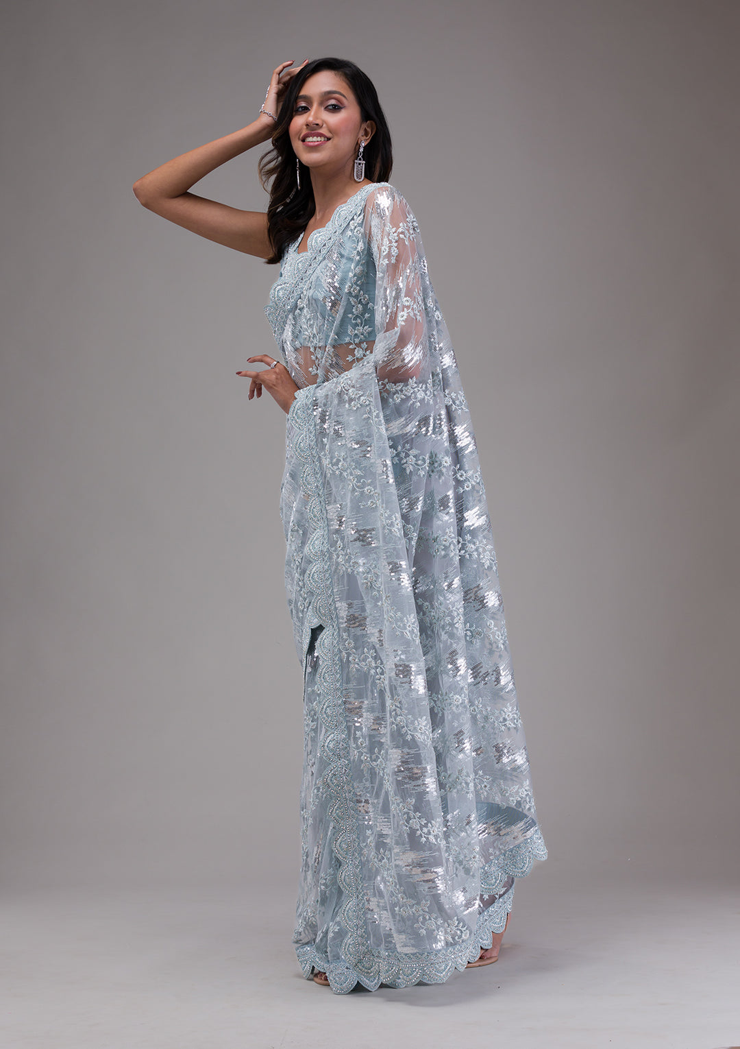 Sky Blue Sequins Net Saree