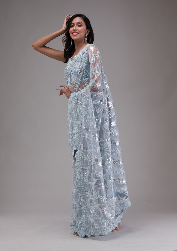 Sky Blue Sequins Net Saree