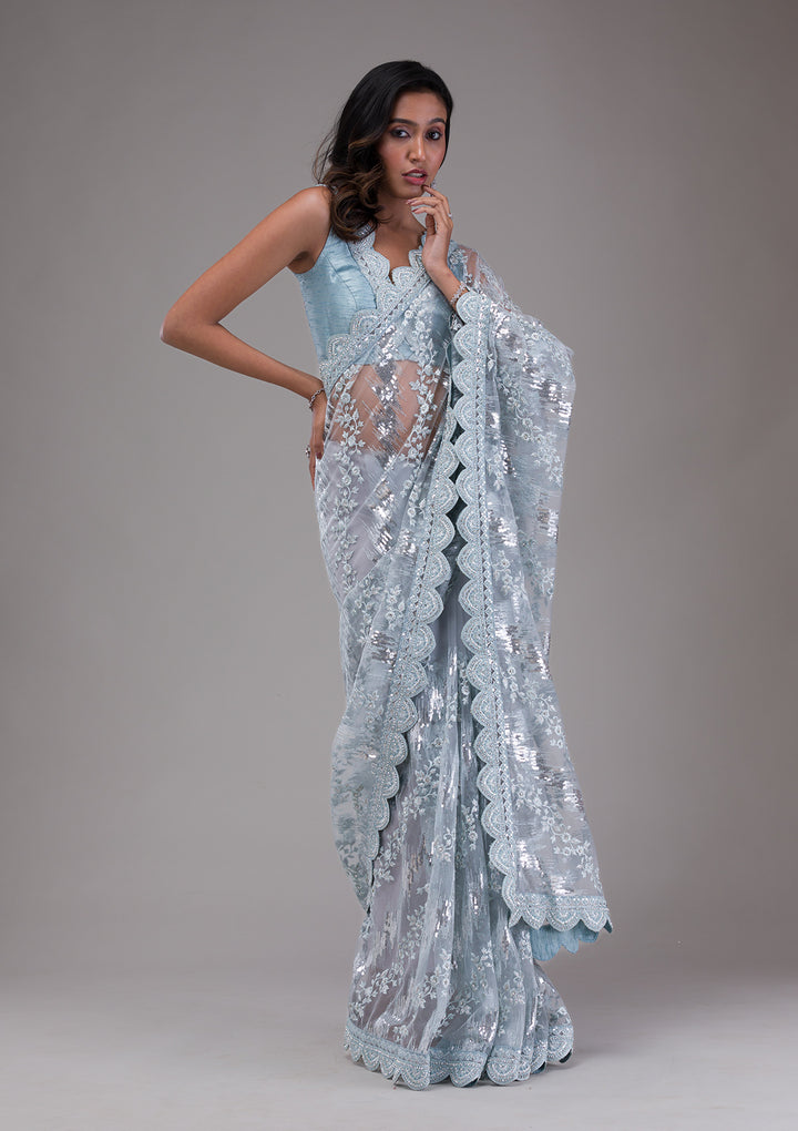 Sky Blue Sequins Net Saree